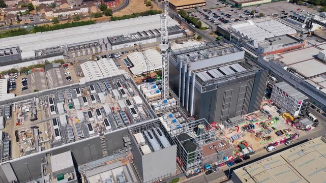 Aerial View of Active Data Center Construction Site With Tall Crane