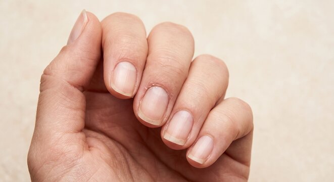 Close up of adult human hand showing dry flaking cuticles and natural nails