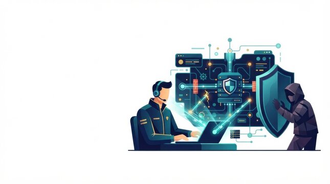 A hacker tries to breach data while a security expert works on network protection in a modern digital environment.