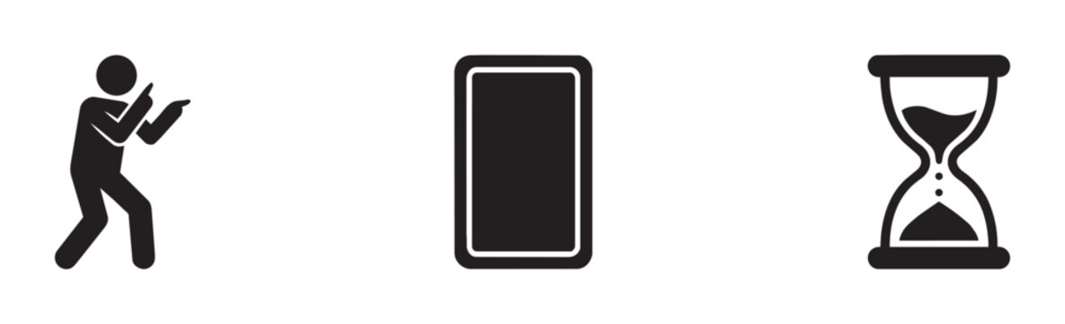 Person pointing and hourglass silhouettes set with smartphone icon for technology and time management