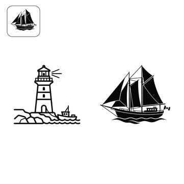 Vintage sailing ship and lighthouse illustration for maritime travel
