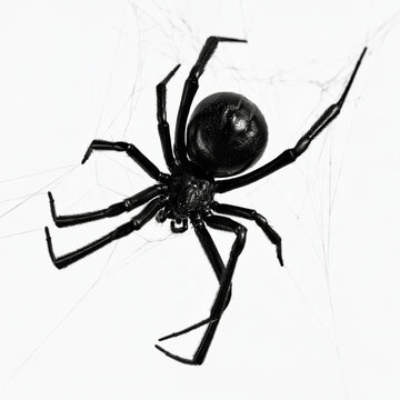 A black widow spider sitting on its web isolated on white background. Halloween concept for spooky horror designs.