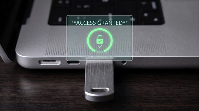 Usb flash drive plugged into a laptop showing digital access granted with digital holographic interface, connected laptop