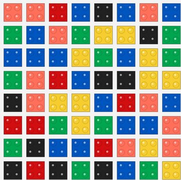 An 8x8 grid of colorful 2x2 building blocks in red, blue, green, yellow, black, and coral. Each square piece features four round studs on a light gray background.