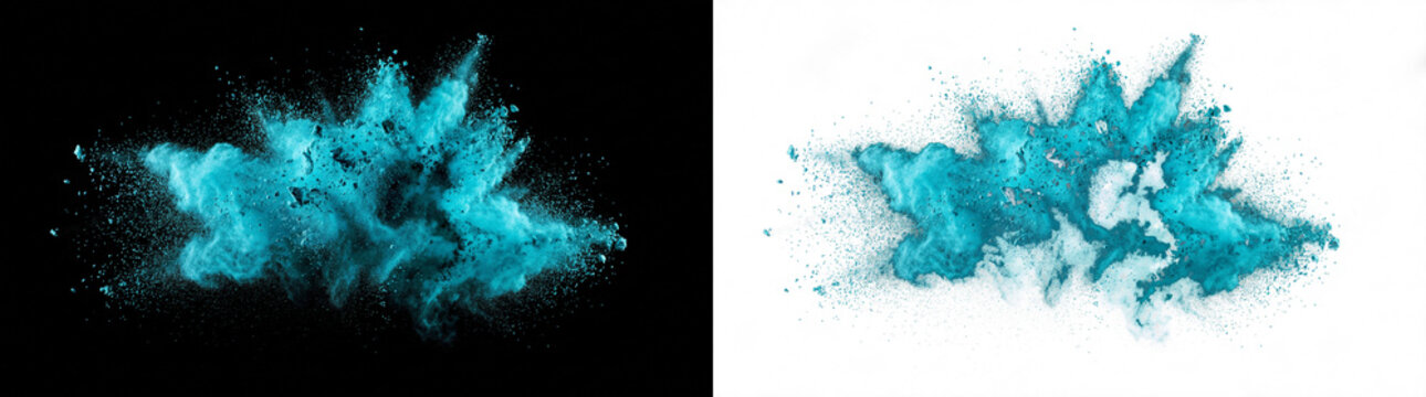 Dynamic turquoise powder explosion on black and white backgrounds, vibrant abstract dust cloud, high-speed motion, versatile graphic element for design projects