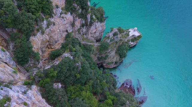 Aerial drone view of the landscape at Mount Buciero and the Faro del Caballo lighthouse in the Santo&ntilde;a, Victoria and Joyel Marshes Natural Park. Cantabrian Sea. Santo&ntilde;a. Cantabria. Spain. Europe