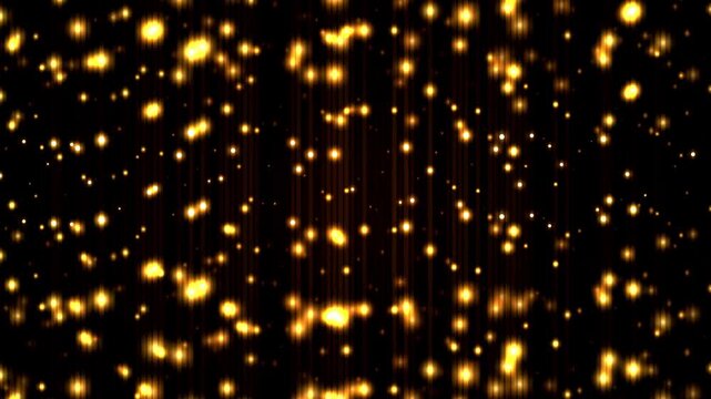 Golden Glitter Particles Falling With Vertical Light Streaks Motion Background