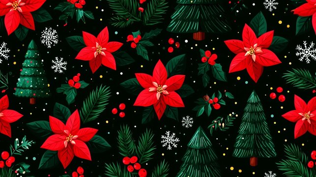 Festive christmas seamless pattern featuring bright red poinsettia flowers pine trees and glowing golden bokeh lights