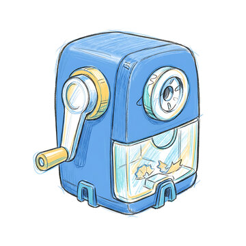 Blue hand crank pencil sharpener sketch on white background