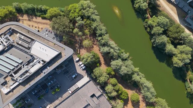 Aerial View of a Data Center Facility Situated by a River