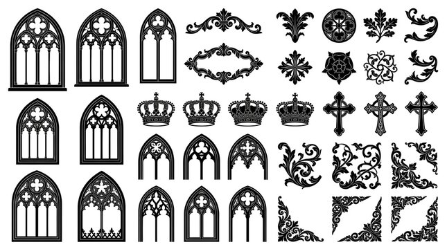 Gothic Cathedral Window Vector Set: Arched Windows, Royal Crowns, Crosses, Fleur-de-Lis, Rosettes & Corner Ornaments