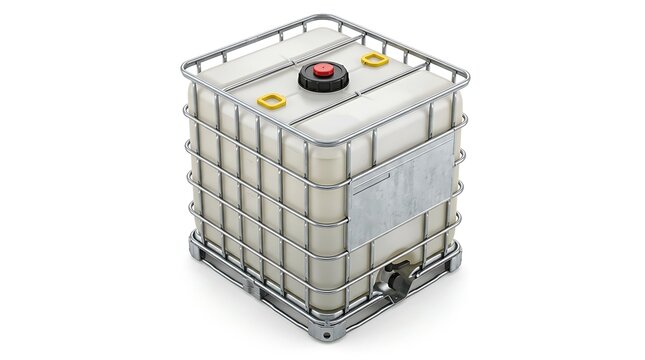 Large industrial plastic water tank inside a strong metal cage for chemical storage and liquid transport. ibc container