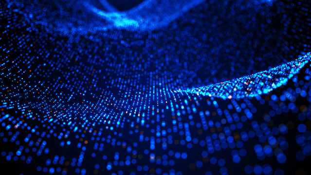 Glowing Data Points Flow Across A Digital Wave And Form An Abstract Technology Network For Big Data, Analytics, Communication And Information Processing, 3d rendering