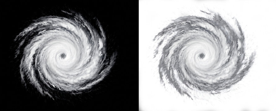 Abstract hurricane storm swirl, black and white contrast, top-down view, dynamic spiral motion, isolated graphic element for weather or disaster concepts