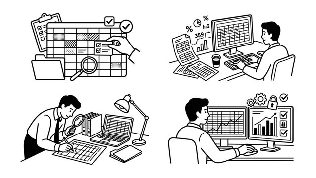 Four Icons of Business Analysis: A compilation of four distinct line art illustrations depicting various aspects of business analysis, including data management, financial charting.