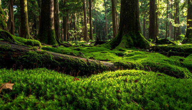 Lush green moss covers the forest floor and fallen log in a sun-dappled ancient woodland with tall trees
