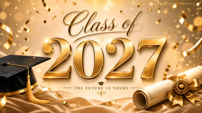 Class of 2027 golden typography banner with graduation cap and diploma scroll background