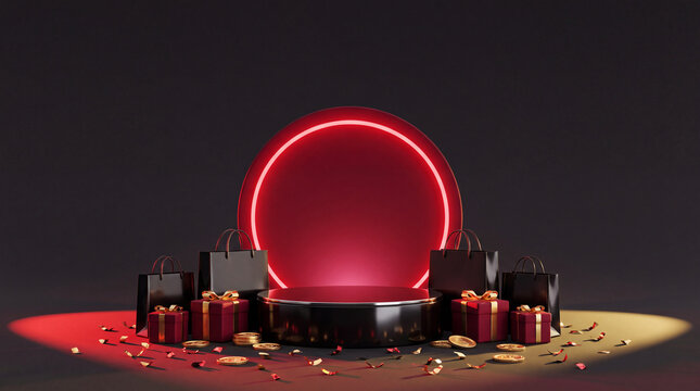 Glowing red circular display surrounded by wrapped gifts, coins, confetti, and shopping bags on a dark studio surface for Black Friday