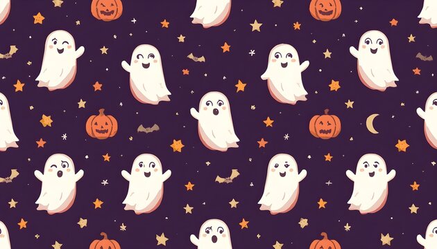 Seamless Halloween ghost pattern cute white ghost silhouettes tiny pumpkins star