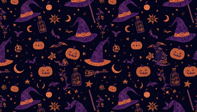 Mystical Halloween seamless pattern featuring witch hats potion bottles magic