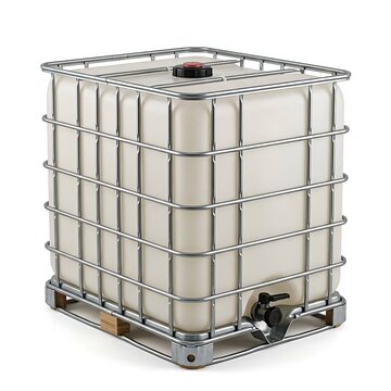 Large plastic water tank container with a metal cage frame used for liquid storage in industrial sites. ibc container
