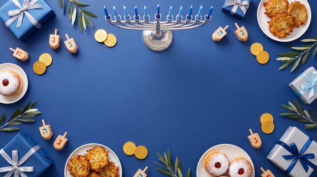 Hanukkah flat lay with menorah, dreidels, blue gifts, coins, donuts, latkes, and greenery on a blue background