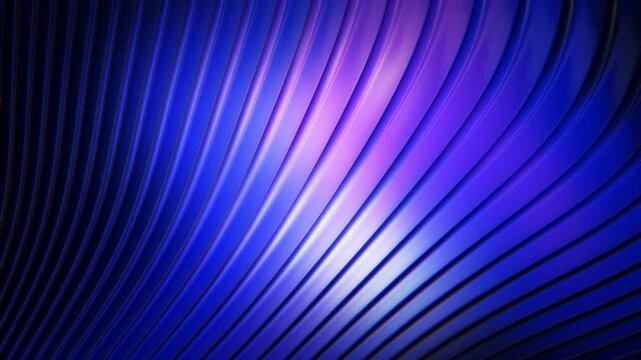 Futuristic blue and purple metallic striped panels curving dynamically in looping motion video clip featuring vibrant glowing lights and modern geometric architectural design