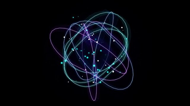 Abstract glowing atom orbits with particles on black background science technology concept
