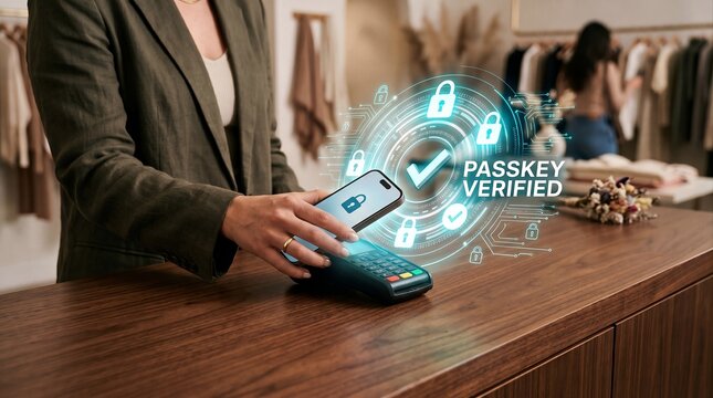Customer making contactless payment with smartphone in retail store with secure contactless transaction checkout counter digital