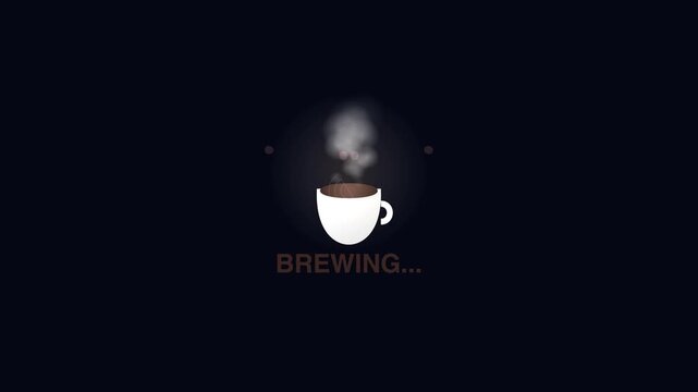 Animated coffee cup loading screen with rising steam on dark background