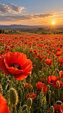 Red poppies fill rolling countryside at sunset as view shifts gently right, keeping one large foreground bloom prominent beneath glowing sun, layered hills, and scattered clouds