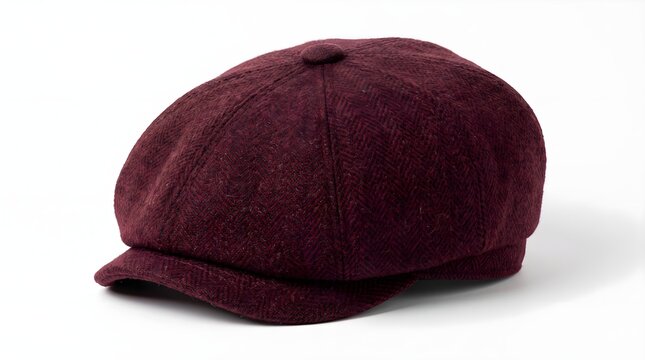 Burgundy flat cap with herringbone pattern isolated on a clean white background, classic vintage headwear with a timeless and elegant fashion style.