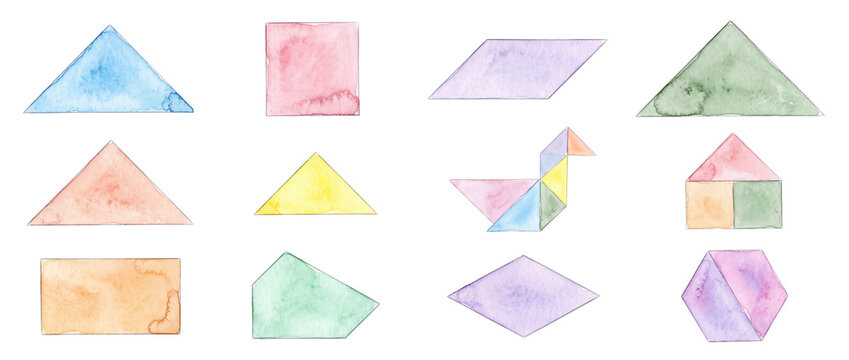 Watercolor geometric shapes tangram puzzle isolated on black background featuring pastel hand painted triangles squares and creative abstract block patterns for early childhood math learning concepts.