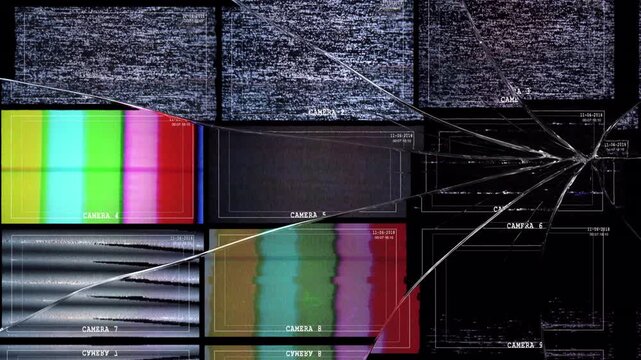 CCTV monitor shattered glass or cracked screen effect with digital background with damaged monitor effect for background 