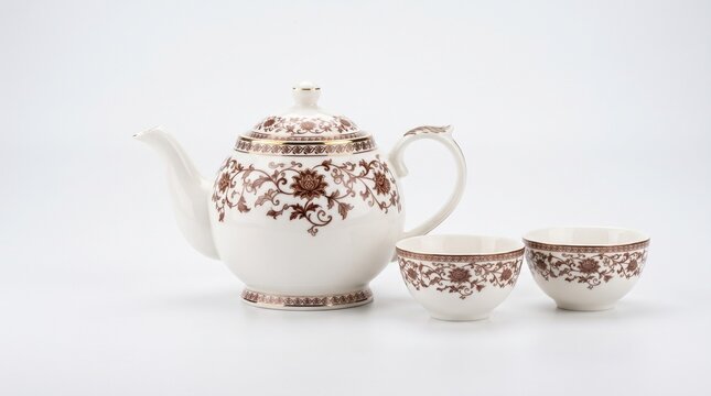 White Ceramic Teapot with Brown Ornament and Two Bowls Isolated on White