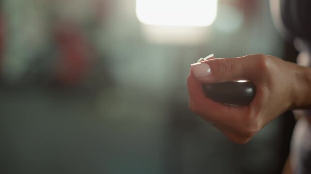 Close up of woman hand gripping and squeezing small black grip strength training tool. focus remains on action with soft lighting highlighting texture detail in background