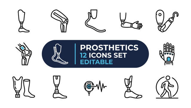 Prosthetics Icons Set: A collection of 12 editable line icons representing various prosthetic limbs, including leg and arm prosthetics.