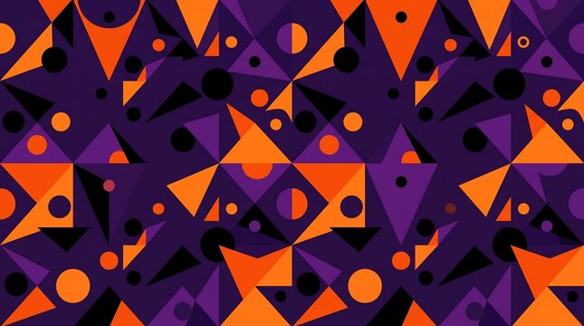 Modern geometric Halloween background with simple triangle and circle shapes in orange, black and purple, flat minimal design