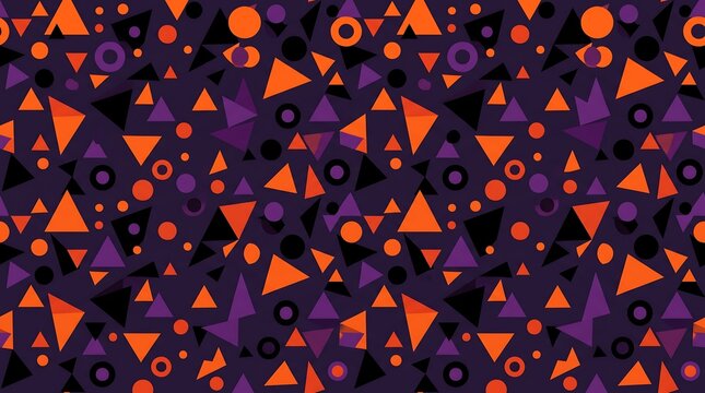 Modern geometric Halloween background with simple triangle and circle shapes in orange, black and purple, flat minimal design