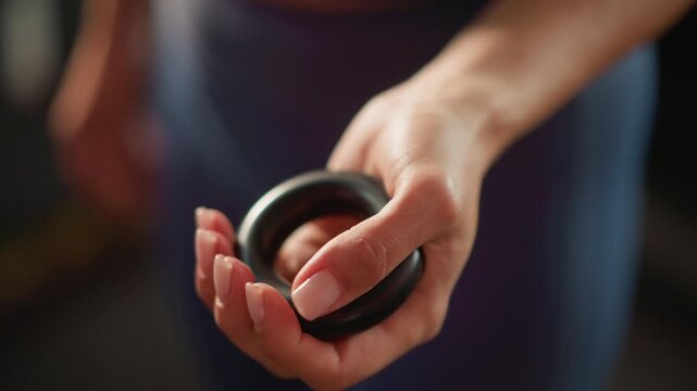 Close up view shows hand repeatedly gripping and releasing black grip strength ring. Focus remains on finger detail and muscle engagement with no visible background or environment