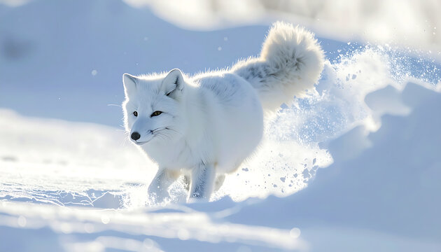 Arctic fox running through fresh snow with snow splashing around its legs and fluffy tail