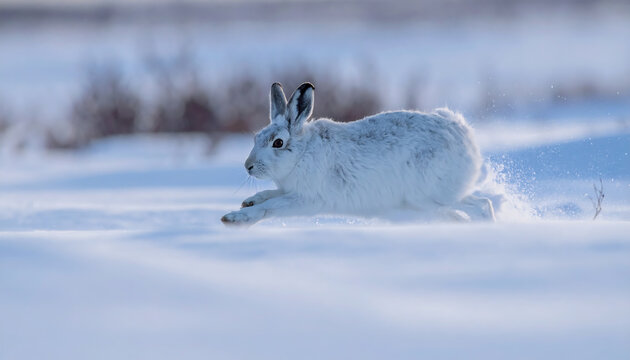 Arctic Hare Running Fast Through Snowy Landscape in Winter Wildlife Scene