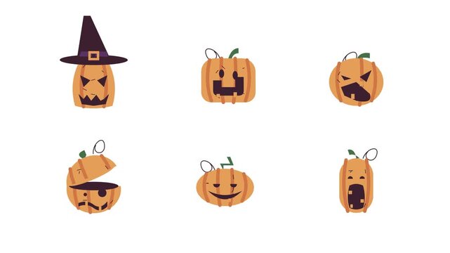 Collection of six cartoon-style Halloween pumpkins with different carved expressions and accessories