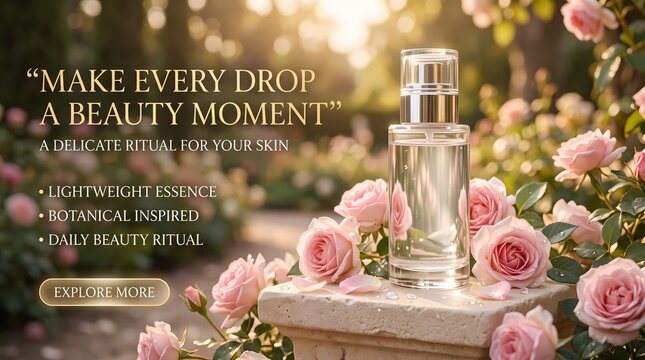 Luxurious botanical essence bottle in a sunlit rose garden, inviting a delicate daily beauty ritual for radiant skin