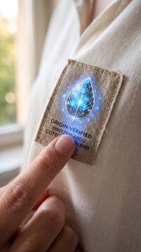 Finger touching digital leaf icon on sustainable clothing garment label with representing sustainable fashion textile garment tag