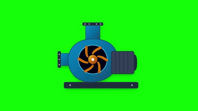 Industrial water pump motion graphic with rotating impeller blades against bright green screen video footage backdrop
