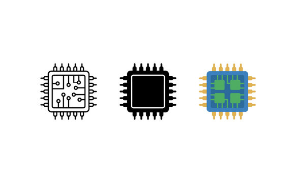 Minimalist microchip icons set in black and color styles