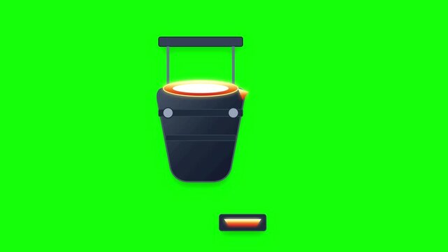 Molten metal pouring from a heavy industrial foundry ladle animation featuring bright glowing liquid against green screen backdrop