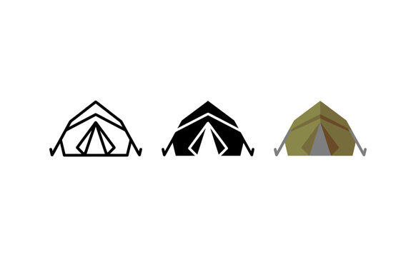 Minimalist camping tent icons in outline silhouette and flat design styles