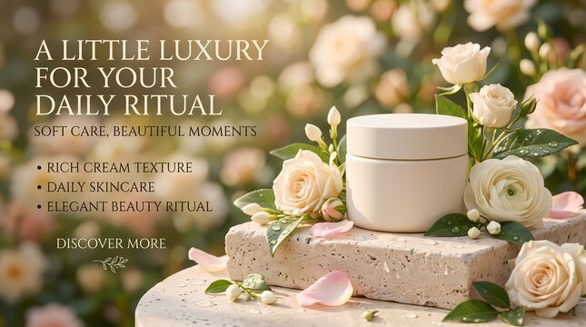 Luxurious organic face cream jar on stone pedestal surrounded by fresh pink roses and soft light